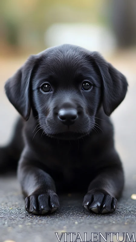 Photorealistic portrait of black Labrador puppy in shallow focus.