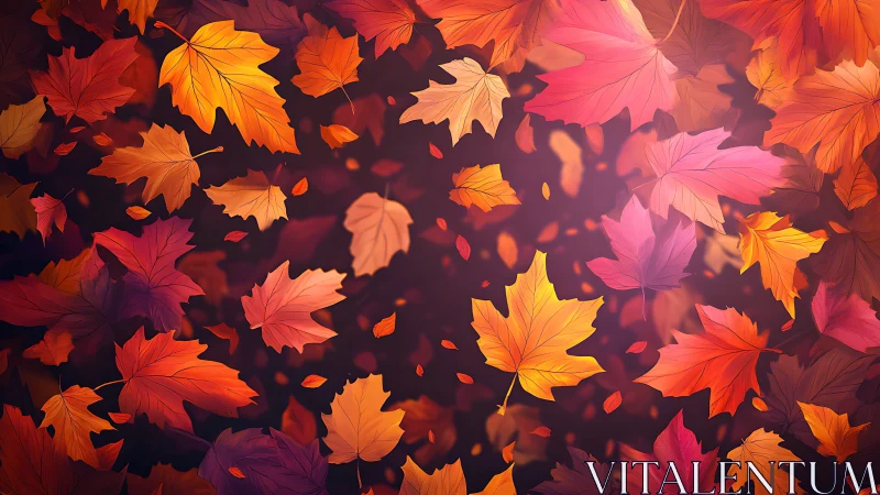 Gentle tumble of glowing autumn leaves in cozy twilight.