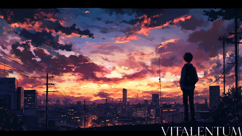 Backlit adolescent observing stratified urban sunset sky.