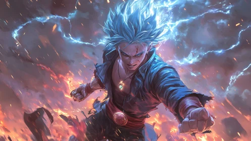 Electrified sky warrior accelerating through volcanic shockfield.