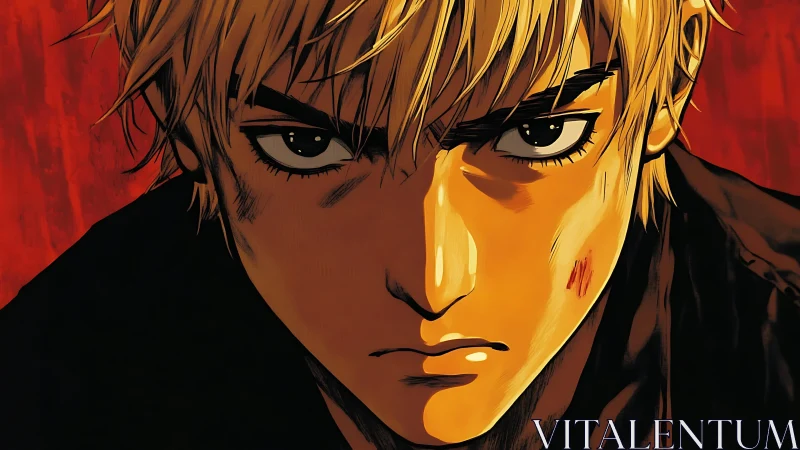 Intense blond anime fighter stares ahead with fierce resolve