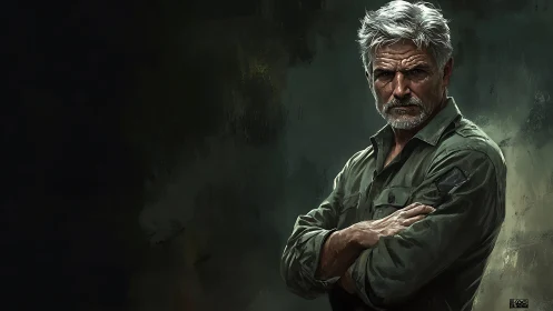 Hardened veteran portrait in muted green tactical palette.