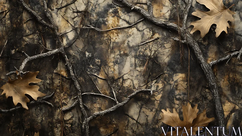 Weathered branches and autumn leaves in earthy embrace.