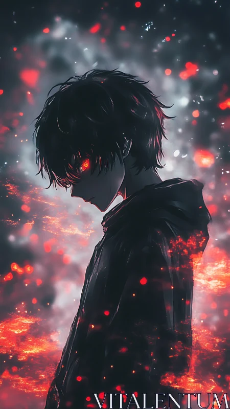 Brooding anime figure amid ember-lit, smoky darkness.