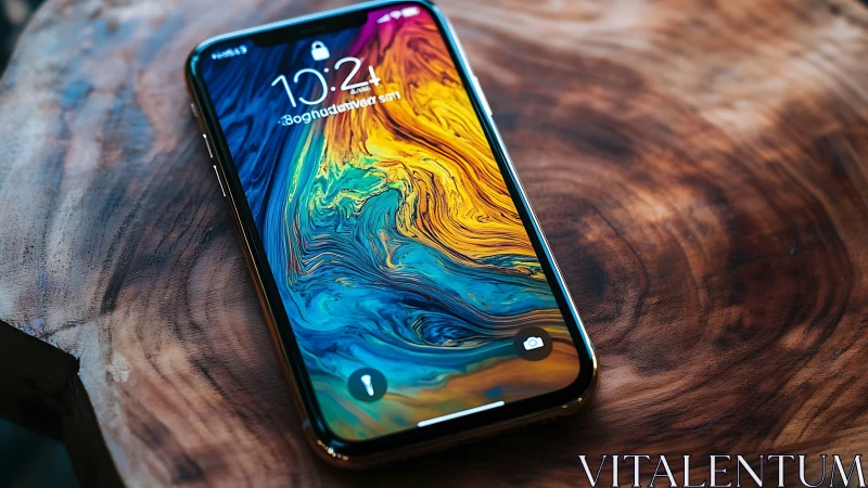 Black iPhone displaying vibrant digital liquid marble wallpaper