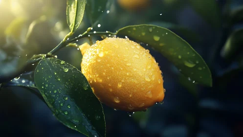 Ripe lemon with surface water droplets on green foliage.