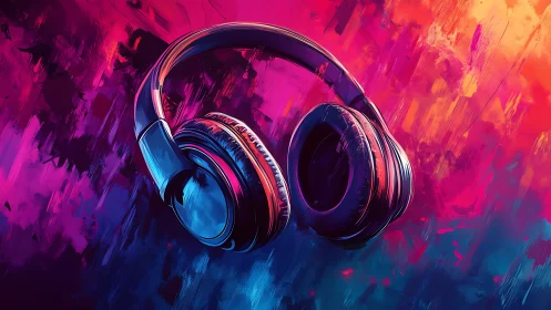 Neon headphones floating in vivid abstract color storm.