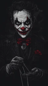 Sinister clown puppet master in stark red and black portrait.