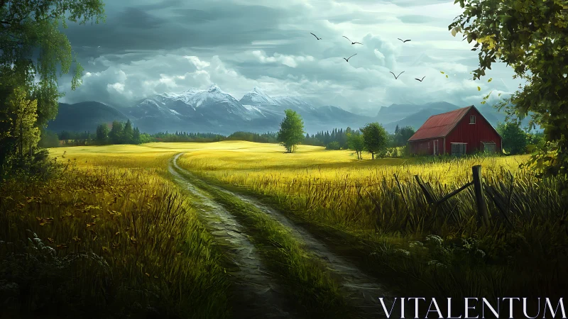 Golden farm road leads toward distant stormy mountains