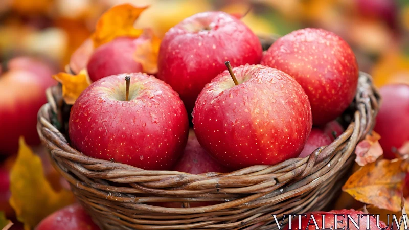 Red apples fill wicker basket under soft autumn daylight