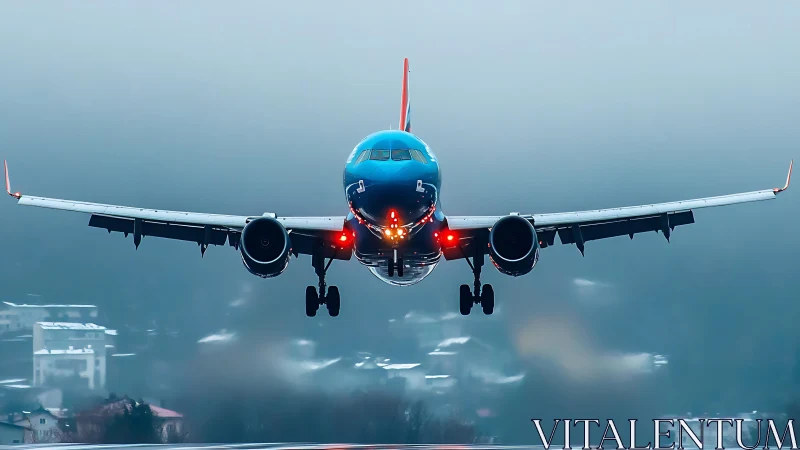 Powerful passenger jet glides toward a misty city runway
