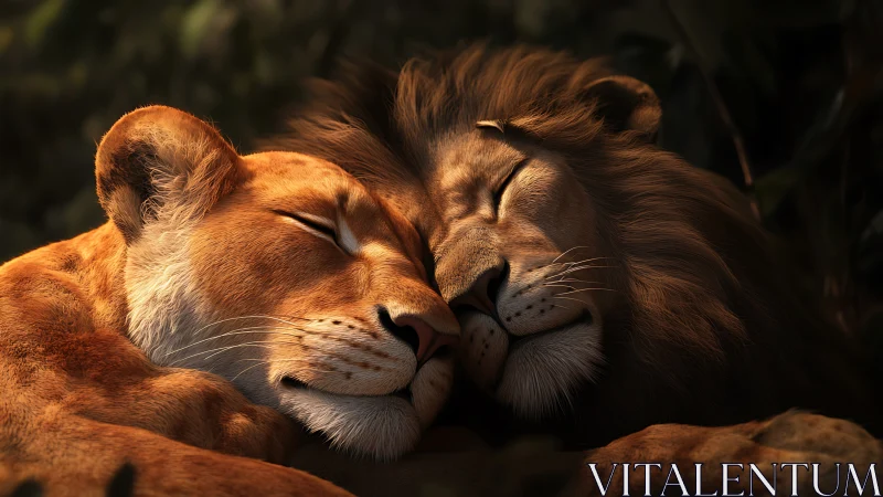 Three-dimensional rendered lions displaying facial contact and social bonding behavior