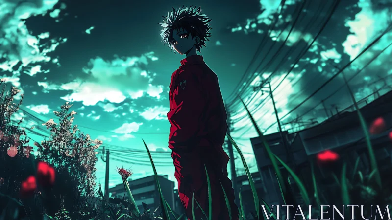 Solitary anime boy in red under teal urban sky.
