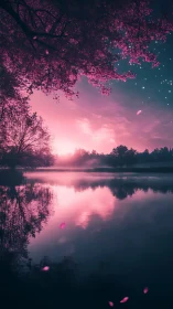 Enchanted pink lakeside sunset under blooming canopy.