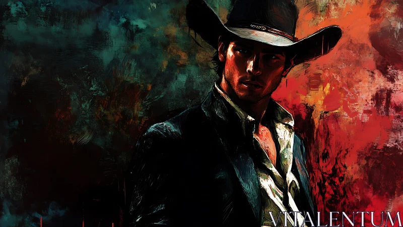 Brooding cowboy in fiery abstract night sky colors.