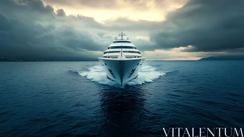 Elegant white cruise ship slicing through a moody blue sea.