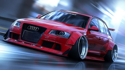 Slammed red Audi wagon races through neon city streets at speed