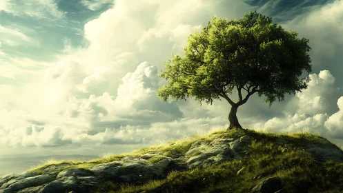 Lone tree on grassy hill under dramatic sky, digital art style.
