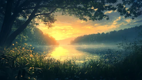 Sunrise river glows beneath whispering forest canopies.