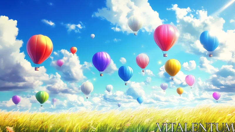 Colorful hot air balloons float above bright summer field.