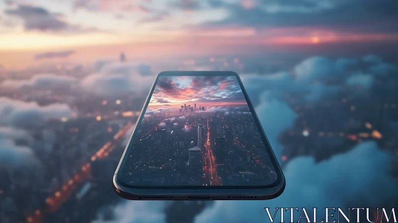 Skyline portal phone drifting above cloudlit city dusk.