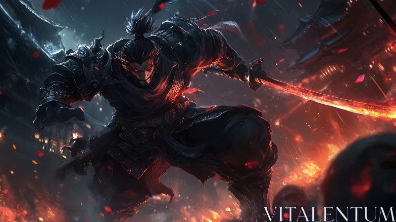 Armored swordsman advances through burning, ember-lit street