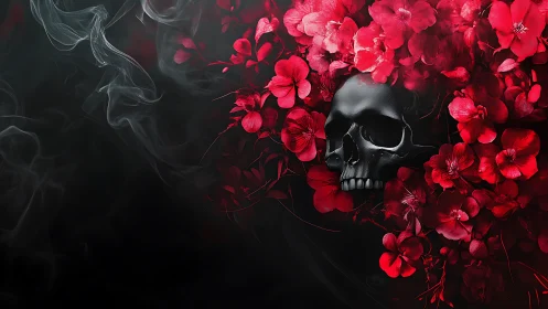 Black human skull framed by dense red floral cluster.