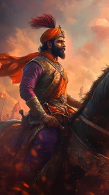 Warrior king on horseback in fiery battlefield scene.