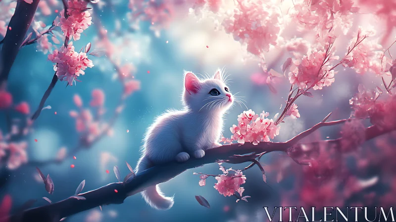 White Kitten Among Cherry Blossoms.