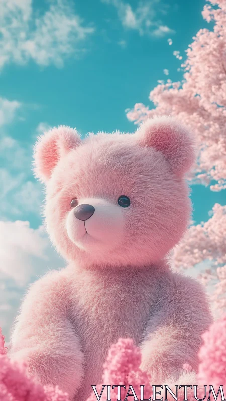 Pink fluffy teddy bear in pastel spring outdoor scene.