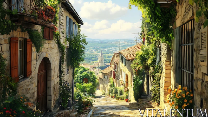 Sunlit stone village street with distant rural valley view.