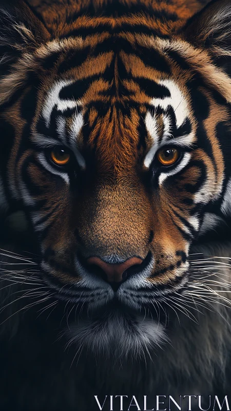 Ember-eyed tiger stares through shadow with regal, silent fire.