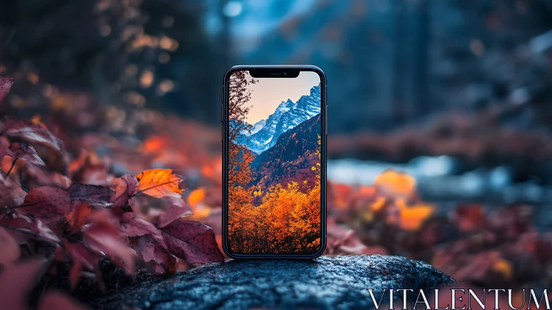 Smartphone framing autumn forest and distant mountains.