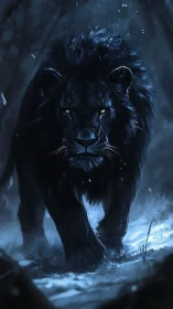 Black lion walks through snowy forest in blue lighting