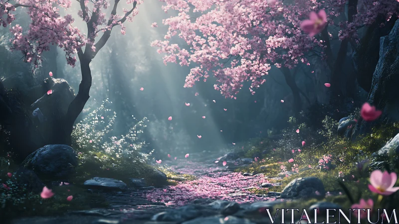 Sunlit cherry blossom forest path with drifting petals.