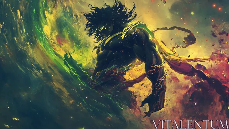 Cosmic warrior rises within swirling elemental storm.