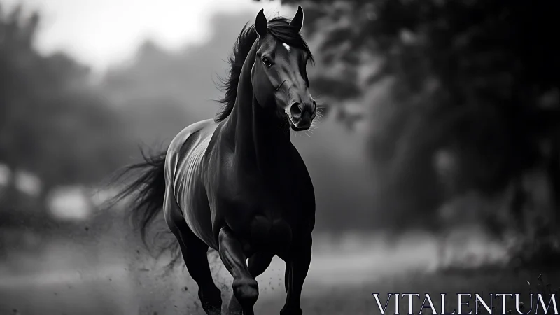 Galloping black stallion in misty monochrome fieldscape.