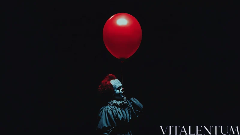 Mysterious clown in darkness beneath a single red balloon.