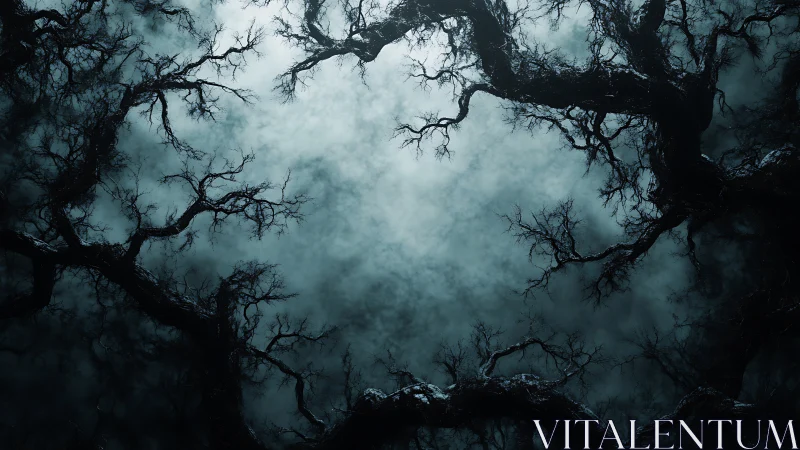 Interlocking barren tree branches encircling overcast sky.