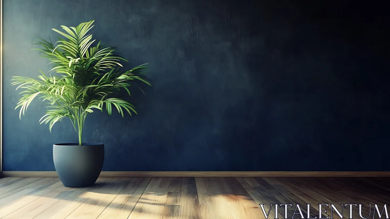 Sunlit potted palm bringing calm into a modern cozy corner.
