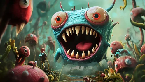 Large teal cartoon monster dominates fungal alien landscape