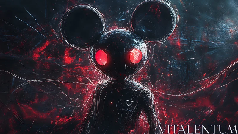 Glowing red-eyed mouse-headed figure in abstract energy storm field