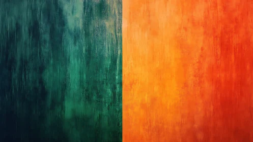 Vertical split abstract painting contrasts teal and orange color fields