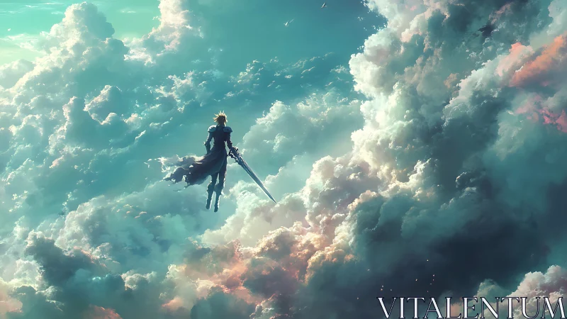 Solitary sword-bearing figure suspended amid dense clouds.