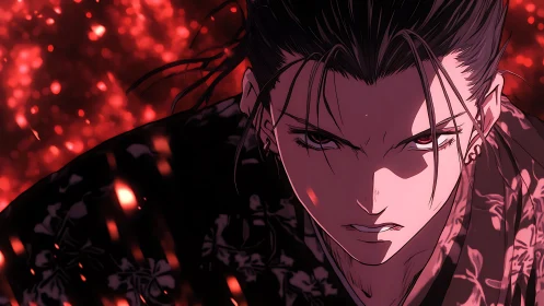 Intense anime warrior stares forward amid red embers