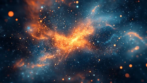 Stellar ember storm swirling through deep sapphire cosmos.