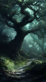 Ancient Forest Hollow Path Bathed in Ethereal Light
