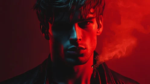 Moody portrait glows in bold red and cool blue shadows