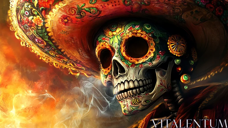 Highly detailed D&iacute;a de Muertos skull portrait with ornate sombrero