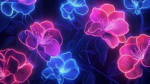 Neon line-art floral pattern with blue and magenta glow fields.